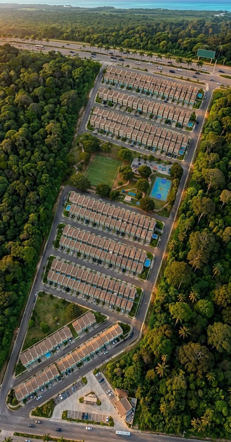 Render aéreo del masterplan de Perlas 3 con privadas residenciales, áreas deportivas y zona comercial rodeadas de selva